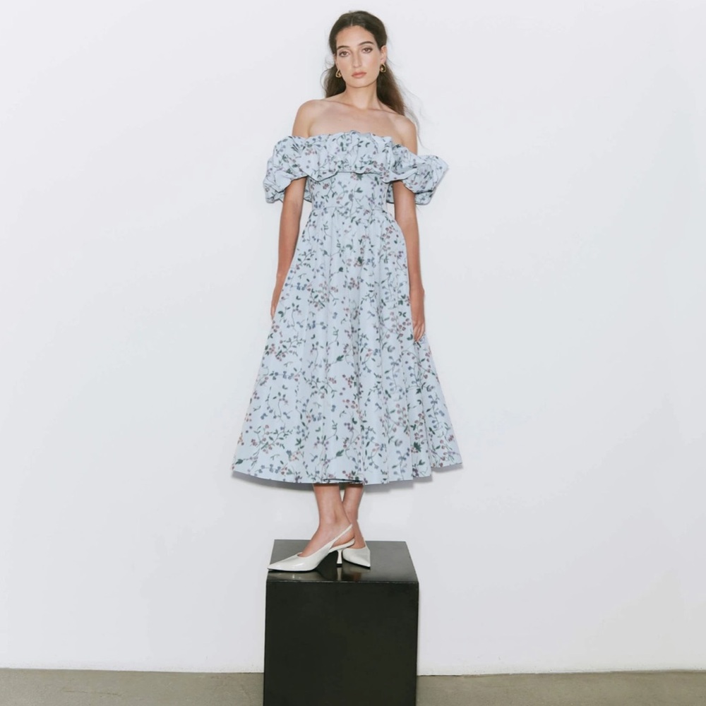 NWT Markarian Marlowe Blue Vine Ikat Ruffled Off the Shoulder Midi Dress, size 6